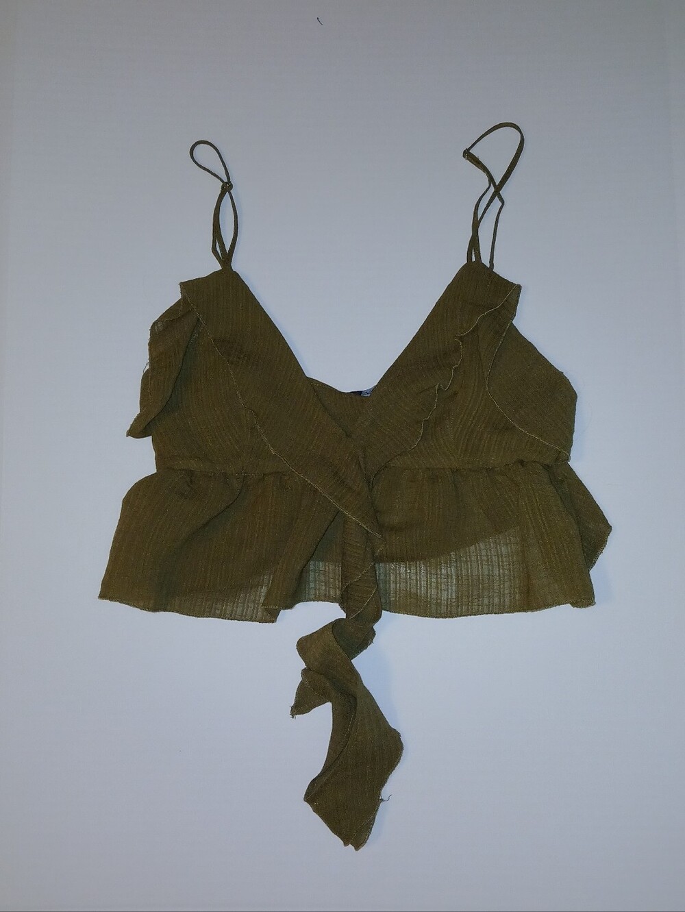 Zara Ruffled Deep V-Neck Tie Front Camisole, Semi Sheer, Olive - Picture 3 of 8